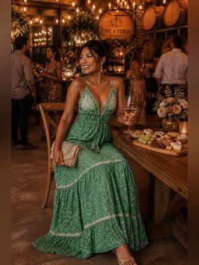Bohemian Green Patterned Maxi Dress with Decorative Tassel Tie & Sequin Detail